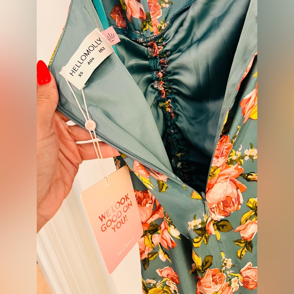 HELLO MOLLY ONE SHOULDER SATIN MAXI DRESS GREEN W PINK FLORAL SIZE XSMALL NWT - Picture 13 of 17